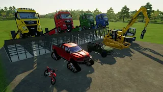 TRANSPORTING EXCAVATOR, MIXER TRUCK, BULLDOZER,JCB TRACTOR, POLICE CARS, AMBULANCE,FIRE TRUCK - FS22