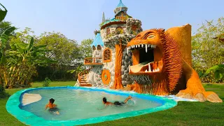 99 Days in Forest To Build Mud Villa House, Swimming Pool & Lion Water Slide for Entertainment Place