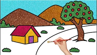 How to Draw Simple Scenery Landscape Picture | Glitter Painting for Kids