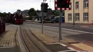 Welsh Highland Garratt No 138 whistling into Harbour Station, Porthmadog Aug 7th 2013