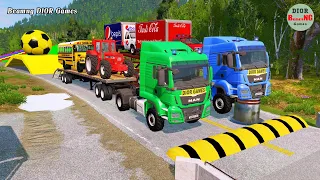 Double Flatbed Trailer Truck vs speed bumps|Busses vs speed bumps|Beamng Drive|527