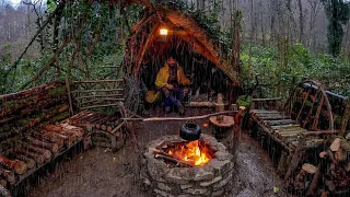 7 Days SOLO SURVIVAL CAMPING In RAIN, THUNDER - Building Warm BUSHCRAFT SHELTER - Lamb Cooking