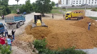 EP1 - New Filling Land Project By Dump Trucks & DR51PX Bulldozer Spreading Stone Into Water