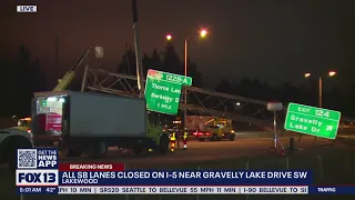 All SB lanes on I-5closed on in Lakewood after car crashes into sign