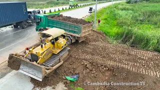 Full Project l Filling Land Build Road By KOMATSU D51P Dozer Pushing Soil & Truck Spreading Soil