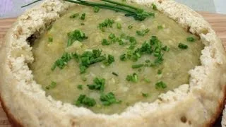 Dutch oven Leak and Potato Soup served in a Beer Bread Soup Bowl