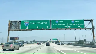 Drive on I-605, San Gabriel River Freeway from Whittier to Baldwin Park in CA