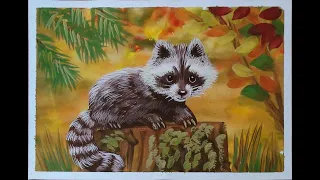 How to draw a cute raccoon with gouache. Easy. Step by step drawing for beginners.