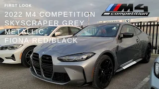 First Look at 2022 BMW M4 Comp M xDrive Skyscraper Grey Metallic Fiona Red/Black