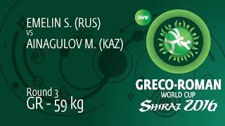 Round 3 GR - 59 kg: S. EMELIN (RUS) df. M. AINAGULOV (KAZ) by TF, 9-0