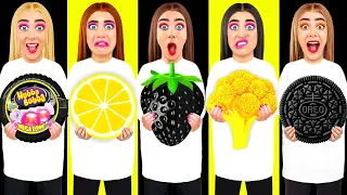 Desafío de Comida Amarillo vs. Negra | Comiendo solo 1 color durante 24 horas KuBuKu Challenge