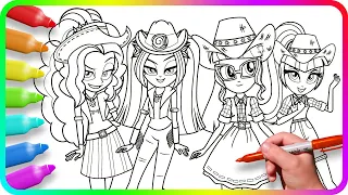 Coloring Pages EQUESTRIA GIRLS - Sci Twi and Dazzling Cowgirls. How to color My Little Pony. MLP