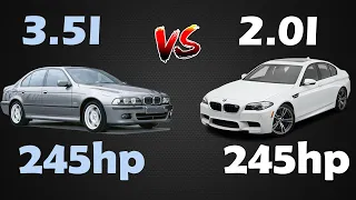 BMW E39 535i V8 245hp VS BMW F10 528i 245hp (3.5i V8 vs 2.0i L4 Turbo) Acceleration test