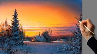 👍 Acrylic Landscape Painting - Winter Sunset / Easy Art / Drawing Lessons / Satisfying Relaxing.