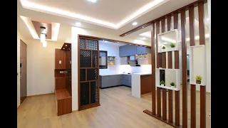 3BHK Interiors with Matt Laminate Finish Kitchen, Lacquered Glass wardrobe, Philips Hue Lighting