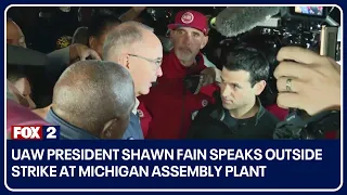 UAW President Shawn Fain speaks outside strike at Michigan Assembly Plant