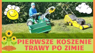 Pierwsze koszenie trawy po zimie. Traktor Deutz-Fahr Rolly Toys, przyczepka, kosiarka spalinowa