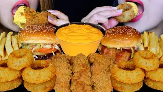 ASMR CHEESY FRIED FOOD FEAST! GIANT CRUNCHY ONION RINGS, FRIED CHICKEN, BACON CHEESEBURGERS, FRIES