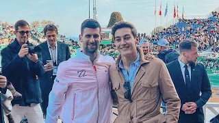 George Russell chatting with Novak Djokovic in Monte Carlo Tennis Masters Monaco