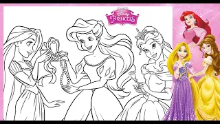 Disney Princesses ALL TOGETHER Coloring Book Coloring ARIEL RAPUNZEL BELLE Coloring Page Compilation
