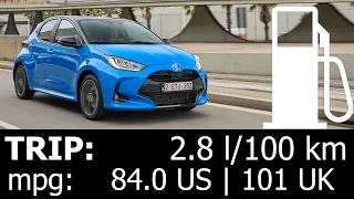 Toyota Yaris Hybrid 130 HP trip with fuel consumption economy test urban city mpg l/100 km HEV 2024