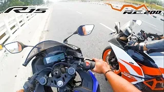 Yamaha R15 V3 vs KTM RC 200 - Drag Race | Topspeed (155+)