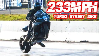 Fastest Street Bike EVER! 750HP Turbo GSXR Goes 233MPH in 6 Seconds (WHEELIES ACROSS FINISH LINE!)