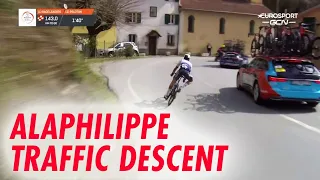 traffic skills descent. Julian Alaphilippe pursues the peloton Milano San Remo 2023. eurosport
