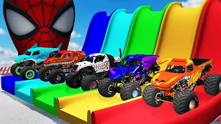 5 MONSTER TRUCKS VS COLOR WATER SLIDE GAME