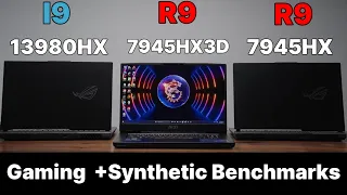 R9 7945HX3D VS R9 7945HX VS I9 13980HX SYNTHETIC + R9 7945HX3D Gaming Benchmarks ROG SCAR 17 X3D