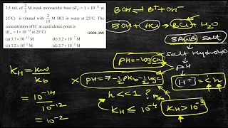 2.5 ml of 2/5 M weak monoacidic base (Kp=1×10^−12 at 25^∘ C) is titrated with 2/15 M HCI. Find [H+]