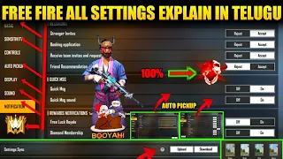 FREE FIRE ALL SETTINGS FULL DETAILS || NOTIFICATION, AUTO PICKUP, SENSITIVITY, SETTINGS IN TELUGU