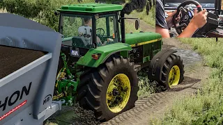 JD 4955 ALMOST STUCK IN MUD - Hard day at the FARM | FS 22 Thrustmaster T248 gameplay