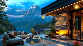 Soothing Spring Jazz Music at Cozy Porch Lakeside Ambience ~ Relaxing Fireplace Sounds for Relax 🎵