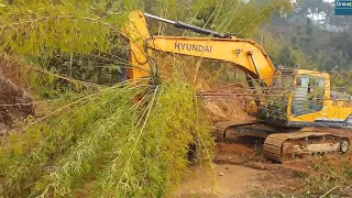 No Worry for Excavator Removing Bushes and Huge Rocks while Cutting Hill