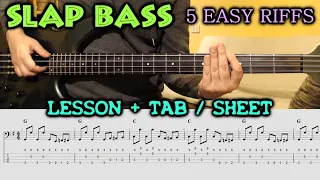 SLAP BASS - 5 Easy Riffs (Beginner & Intermediate) - BASS LESSON with TABS - Slap Bass Tutorial TAB