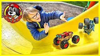 MONSTER TRUCKS PLAY AT THE PARK 🛝 Iron Man & Mohawk Warrior Help Find Baby Megalodon's Mom!