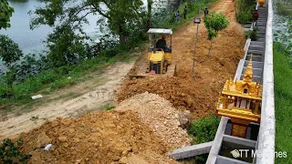 So Nice !! Starting New Project​ Fill The Soil Under Fence By Trucks 5T & D31P Dozer Spreading Stone