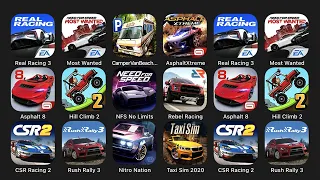 Real Racing 3, Most Wanted, Camper Van Beach, Asphalt Xtreme, Asphalt 8, Hill Climb 2, NFS No Limits