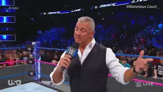 Kevin Owens attacks Shane McMahon from behind.  On Smackdown live on 3rd october 2017