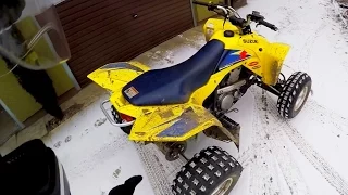 First snow + Quad Suzuki Z400 - Winter ATV riding - Frozen river + Public roads