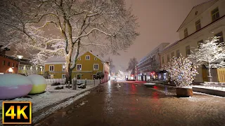 4K Snow walk in the night city streets of Växjö, Sweden