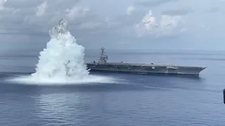 O porta-aviões USS Gerald R. Ford (CVN 78) conclui o primeiro evento explosivo no Oceano Atlântico