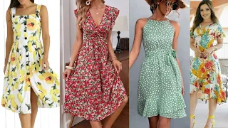 Casuals Floral Printed Midi Dresses Design 2024/Trendy Knee Length Dresses Design Ideas 2024