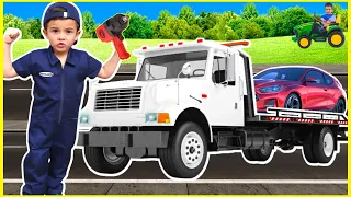 Towing broken car and fixing kids tractor tires with power tools. Educational tow truck | Super Krew
