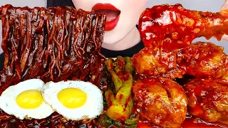 ASMR SPICY CHICKEN, BLACK BEAN NOODLES, KIMCHI 양념치킨, 매운 짜왕, 갓김치 먹방 COOKING & EATING SOUDNS MUKBANG