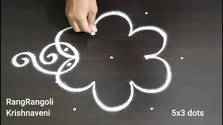 Daily Muggulu🌺5x3 dots Easy Flower Kolam🌺Creative Rangoli🌺RangRangoli Krishnaveni