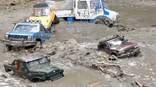 Extremely extreme mud race! Rc cars Mercedes Unimog. Jeep Cherokee.Toyota Land Cruiser-80. Dodge.