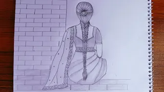 Traditional women with beautiful long hair pencil sketch || Drawing Photos