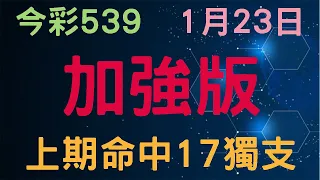 【今彩539】1月23日｜加強版｜少年狼539｜上期命中17獨支